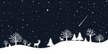 A Fairytale Winter Landscape. Border Smooth. Christmas Background. There Is A Fantastic Silhouette Of White Trees And Deer With A Dark Blue Background. Vector Illustration