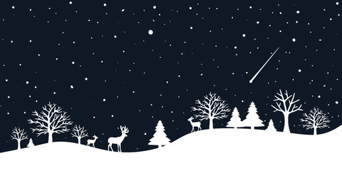 A fairytale winter landscape. Border smooth. Christmas background. There is a fantastic silhouette of white trees and deer with a dark blue background. Vector illustration