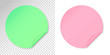 © Iana - Round adhesive sticker with folded edge. Paper pink and green circle. Blank template for price tags, labels, advertising, promotions. Mockup with empty space for any notes. Realistic vector object.