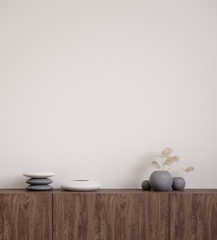 Wall mock up closeup with stones and grass in vase on cupboard, 3d render