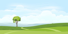 Cartoon Nature Landscape Background Of Green Hills With Skyline, Panorama Lanscape Of Fresh Green Field And Wavvy Of Mountains With Blue Sky And Fulffy Clouds.Vector Illustration