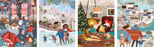 Winter Family Holidays. Cute Vector Illustration Of A Family And People Shopping In The New Year And Christmas, Walking In The City And At Home In A Cozy Living Room. Drawings For Card, Background Or 