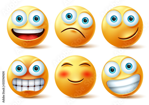 Emojis And Emoticons Face Vector Set Emoji Cute Faces In Happy Angry And Funny Facial