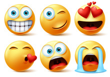 Emojis And Emoticons Face Vector Set. Emoticon Of Cute Yellow Faces In Kissing, In Love, Crying, Surprise, And Happy Facial Expressions Isolated In White Background. Vector Illustration.