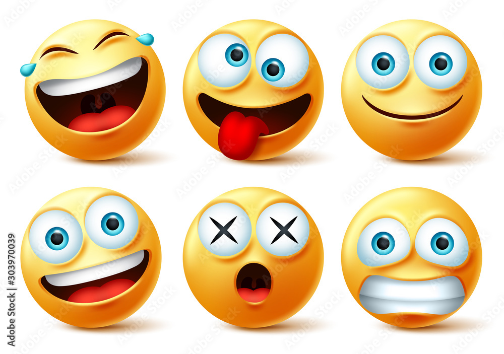 Emoji and emoticon faces vector set. Emojis or emoticons with crazy, surprise, funny, laughing, and scary expressions for design elements isolated in white background. Vector illustration. - obrazy, fototapety, plakaty 
