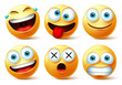 Emoji and emoticon faces vector set. Emojis or emoticons with crazy, surprise, funny, laughing, and scary expressions for design elements isolated in white background. Vector illustration.