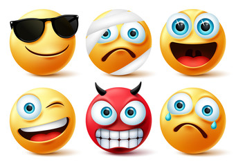 Wall Mural - Emoticon or emoji face vector set.Emojis yellow face icon and emoticons in devil, injured, surprise, angry and funny facial expressions isolated in white background. Vector illustration.