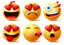 Emoticon And Emoji With Heart Vector Faces Set. Emoticons Of Red Heart With In Love, Broken, Kissing, Surprise And Funny Cute Expression Isolated In White Background. Vector Illustration. 