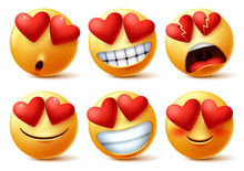 Emoticons Or Emojis Face With Heart Eye Vector Set. Emoji Of Red Hearts With In Love, Broken, Blissful, Happy And Funny For Love Sign And Symbol Isolated In White Background. Vector Illustration.  