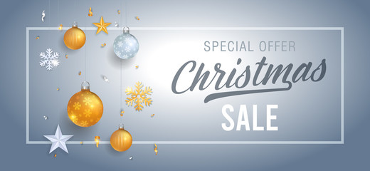 Wall Mural - Christmas sale gray background banner template with glitter gold elements, snowflakes, stars