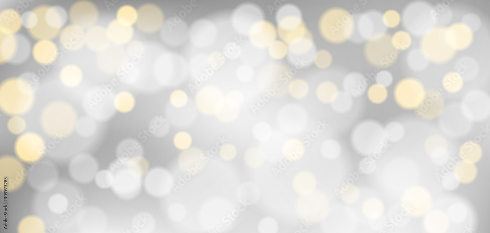 Silver bokeh background. Christmas glowing silver and golden lights with sparkles. Holiday decorative effect. - obrazy, fototapety, plakaty 