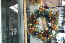 Christmas Wreath Hanging On Front Door