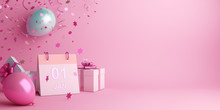 Happy New Year Design Creative Concept, January 1st Calendar, Balloon, Gift Box, Glittering Confetti On Pink Background. Copy Space Text Area, 3D Rendering Illustration.