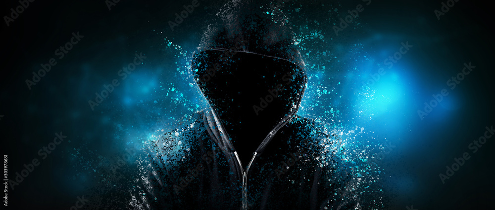 Cybersecurity, computer hacker with hoodie - obrazy, fototapety, plakaty 