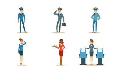 Poster - Aircraft Staff Characters. Stewardess Serving Drinks on the Plane Vector Illustrations Set