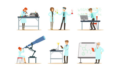 Sticker - Scientists Doing Researches and Calculations in the Laboratory Vector Illustrations Set