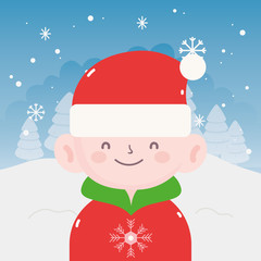 Poster - merry christmas little boy with sweater hat of santa trees snow