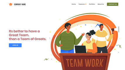 Poster - Best Team concept based landing page design with business man discussing to woman working in laptop for Advertising.