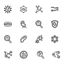 Bacteria And Virus Line Icon Set. Lens, Bacteria, Virus. Science Concept. Vector Illustration Can Be Used For Topics Like Biology, Nature, Investigation, Laboratory