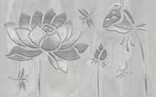 3d Monochrome Illustration, Large Embossed Water Lilies And Dragonflies