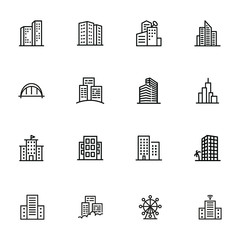 Sticker - City buildings line icon set. Office, apartment, flat. Real estate concept. Can be used for topics like property, business center, downtown