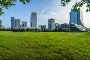 cityscape and skyline of suzhou from meadow in park