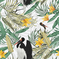 Wall Mural - Tropical leaves seamless stork bird abstract geometric backgroun