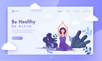 Sticker - Be Healthy Be Active concept based landing page design with faceless woman practice yoga sukhasana pose on purple nature view background.