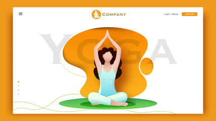 Canvas Print - Young girl character doing exercise in sukhasana or meditation pose on abstract background for Yoga concept based landing page design.
