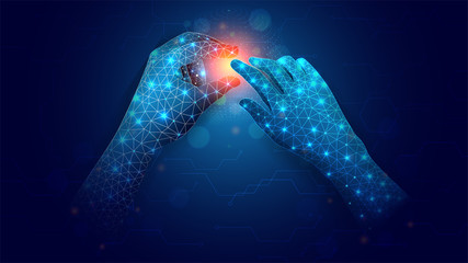 Wall Mural - hands is touching a virtual display on blue mesh network background for digital solution concept.