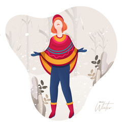 Sticker - Faceless woman character enjoying snow falling on nature view background for Hello Winter.