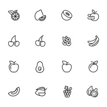 Fruit Line Icon Set. Lemon, Apple, Cherry. Food Concept. Can Be Used For Topics Like Vegan Diet, Organic Nutrition, Health Care
