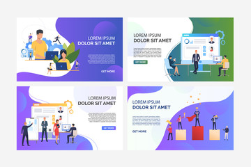 Analyzing employees set. Workers using computers, selecting candidates, standing on winners podium. Flat vector illustrations. Business, career concept for banner, website design or landing web page