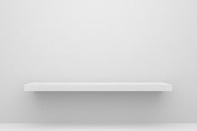 Front View Of Empty Shelf On White Table And Wall Background With Modern Minimal Concept. Display Of Backdrop Shelves For Showing. Realistic 3D Render.
