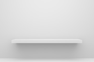 Poster - Front view of empty shelf on white table and wall background with modern minimal concept. Display of backdrop shelves for showing. Realistic 3D render.