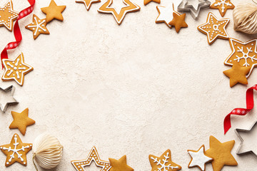 christmas food background with traditional gingerbread cookies and christmas decoration
