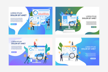 Set of images of people analysing financial issues. Business, security, statistics. Flat vector. Finance analysis concept banner, website design or landing web page