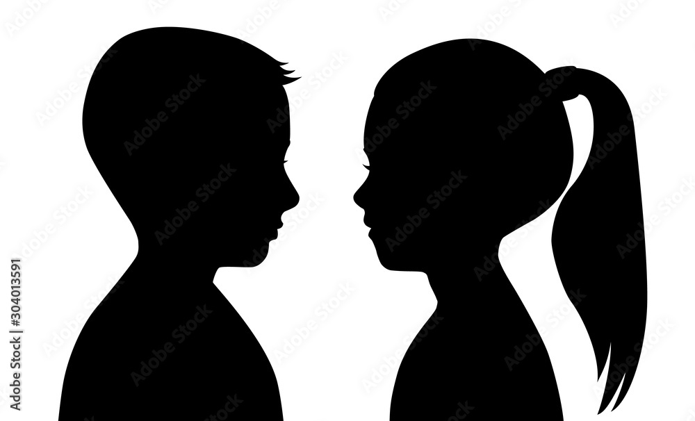 Black Silhouette Of A Boy And A Girl On A White Background The Faces Are Facing Each Other Vector Illustration Of A Contour Of The Head Male And Female Profiles Children Teens Black Silhouette Of A Boy And A Girl On A White Background The Faces Are Facing Each Other Vector Illustration Of A Contour Of The Head Male And Female Profiles Children Teens