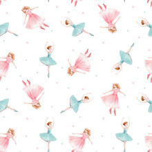 Watercolor Seamless Pattern With Cute Dancing Girls Ballet Nutcracker Ballerina Clip Art Isolated Illustrations