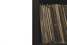 Wooden Shelf Full Of Vinyl Records With Copy Space