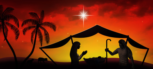 Christmas time. Manger with baby Jesus, Mary, Joseph and star of Bethlehem. Copy space.