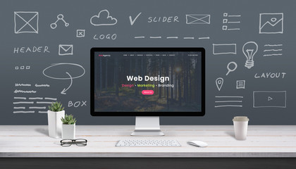 web design concept with computer display, web theme and drawings of website, app parts. modern desig
