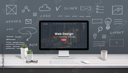 Web Design Concept With Computer Display Web Theme And Drawings
