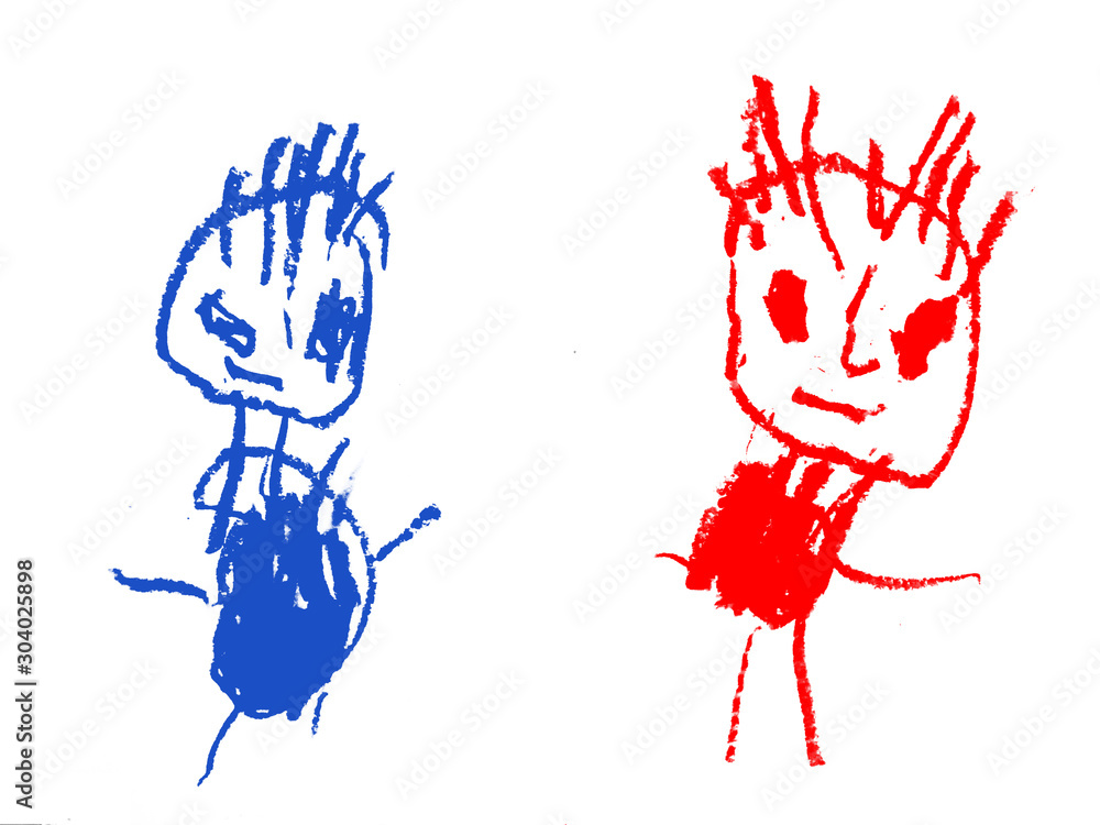 dziecięcy rysunek przedstwia dwie postacie w różnych kolorach - obrazy, fototapety, plakaty 