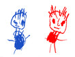 dziecięcy rysunek przedstwia dwie postacie w różnych kolorach