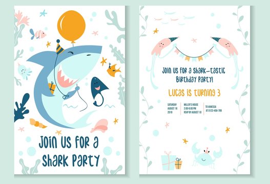 Wall Mural - Cute baby shark party invitation template vector illustration. Join us for shark-tastic celebration of happy birthday flat style concept. Inviting card in marine design