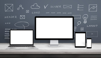 Leinwandbilder - Responsive web design mockup with computer display, laptop, tablet and smart phone. Isolated screens for app, or web site promotion. Web site parts sketches on wall.