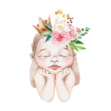 Cute Watercolor Newborn Baby Girl Princess With Crown And Floral Wreath, Flowers Bouquet