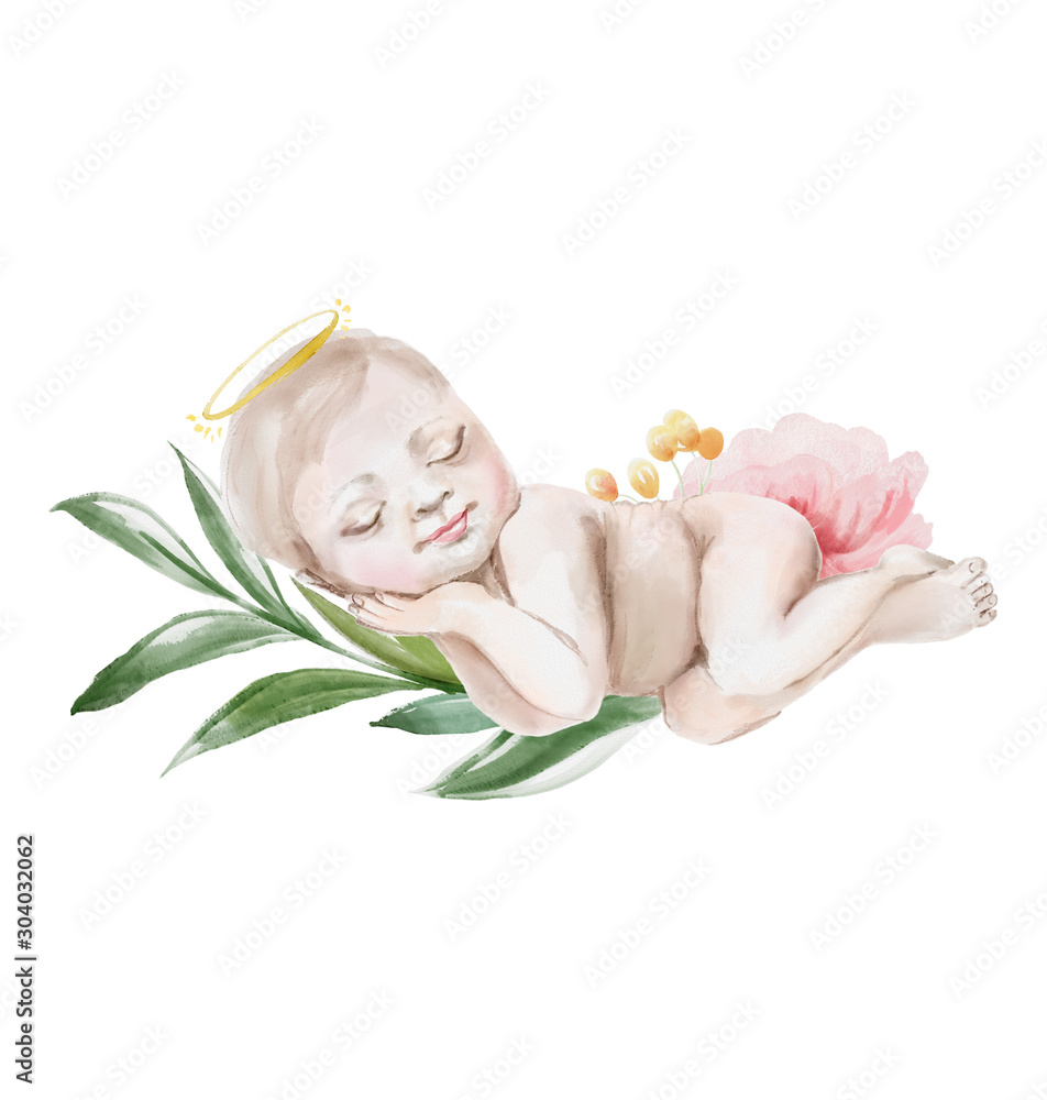 Cute watercolor newborn baby girl with floral wreath, flowers bouquet and angel nimb - obrazy, fototapety, plakaty 