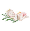 Cute watercolor newborn baby girl with floral wreath, flowers bouquet and angel nimb
